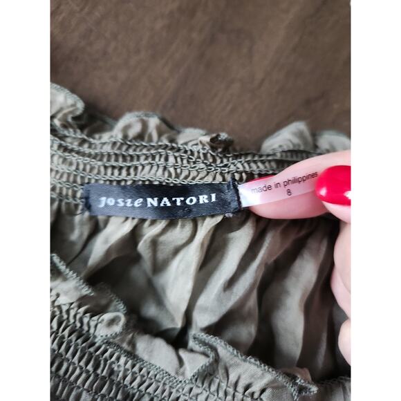 Josie Natori 100% Silk Green Tiered Sheer Off the Shoulder Mini Dress size 8 - Picture 4 of 7